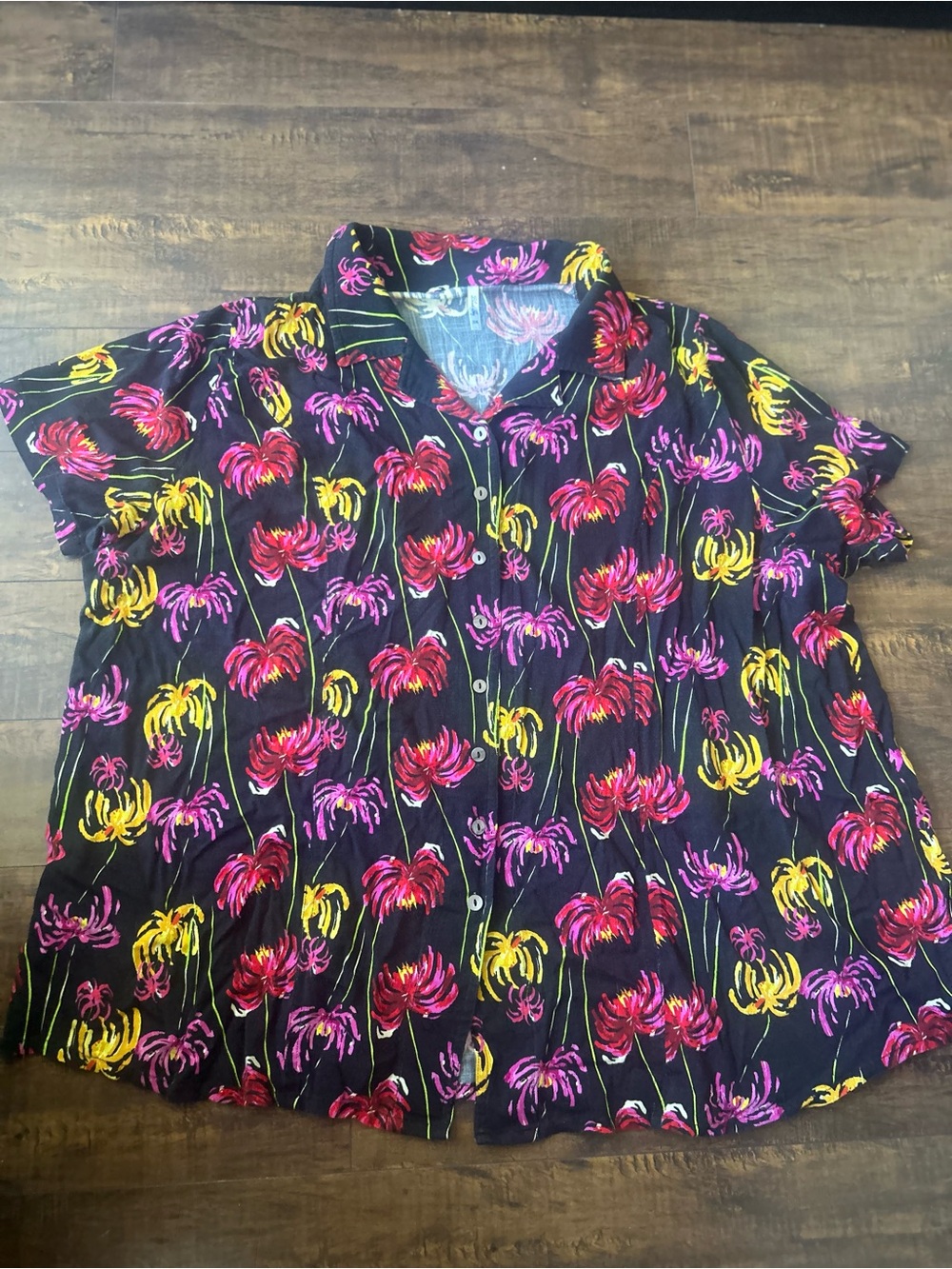Blue Sky Black Button-Up Shirt with Pink & Yellow Floral Pattern